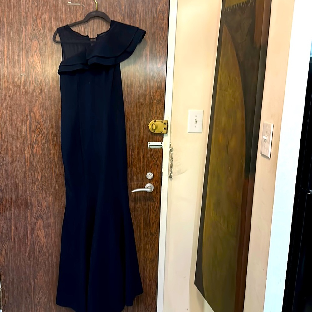 Black gown one shoulder sheer sleeve